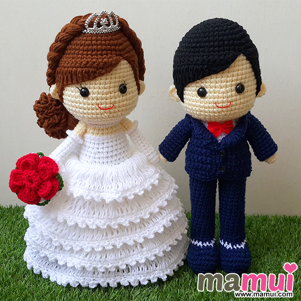 ตุ๊กตาแต่งงานสูทน้ำเงินหูกระต่ายแดงผมดำสูง 13 นิ้ว