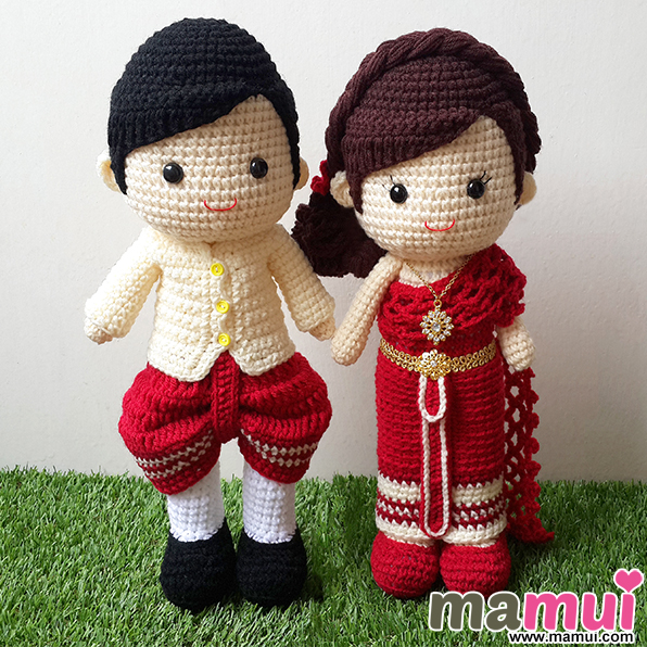 ตุ๊กตาแต่งงานชุดไทยเจ้าบ่าวเสื้อสีครีมเจ้าสาวชุดสีแดงสูง 13 นิ้ว