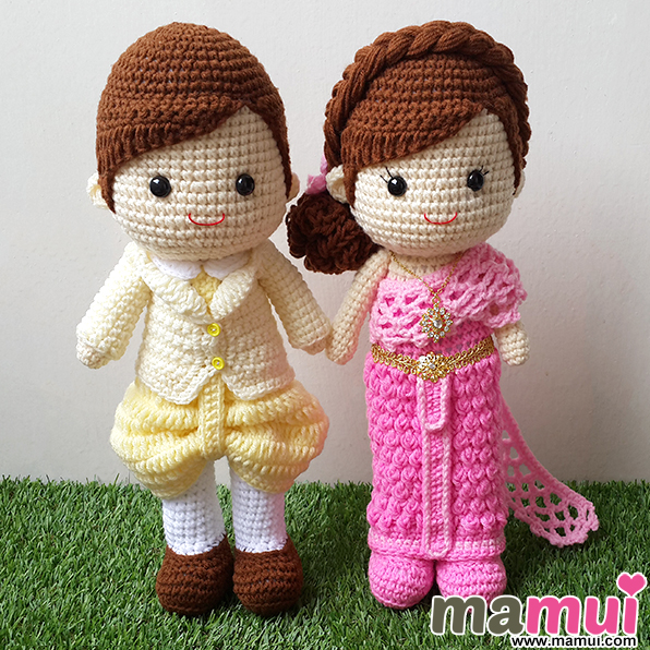 ตุ๊กตาแต่งงานชุดไทยเจ้าบ่าวชุดสีครีมเจ้าสาวชุดสีชมพูสูง 13 นิ้ว