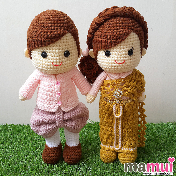 ตุ๊กตาแต่งงานชุดไทยสีน้ำตาลทองชมพูสูง 13 นิ้ว