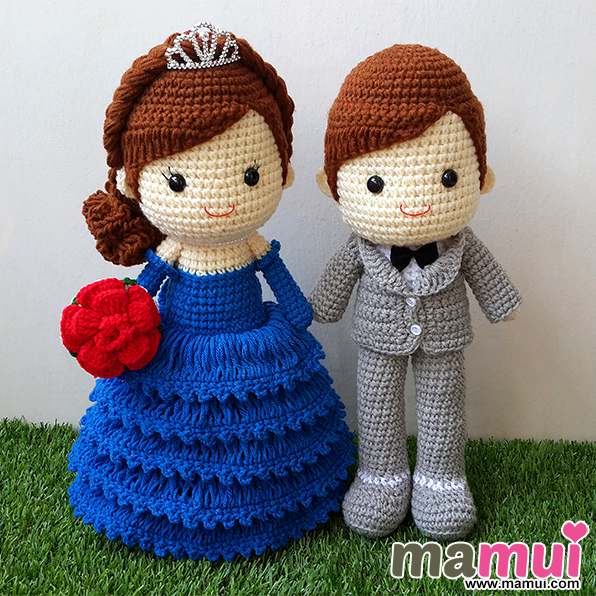 ตุ๊กตาแต่งงานเจ้าสาวชุดน้ำเงินเจ้าบ่าวสูทเทาสูง 13 นิ้ว