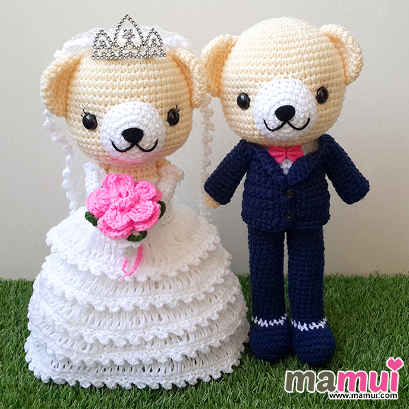 ตุ๊กตาหมีแต่งงานสีครีมเจ้าสาวสวมมงกุฏสูง 13 นิ้ว