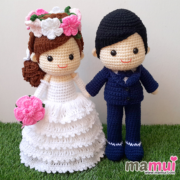 ตุ๊กตาแต่งงานสวมมงกุฎดอกไม้สูทและหูกระต่ายน้ำเงินสูง 13 นิ้ว