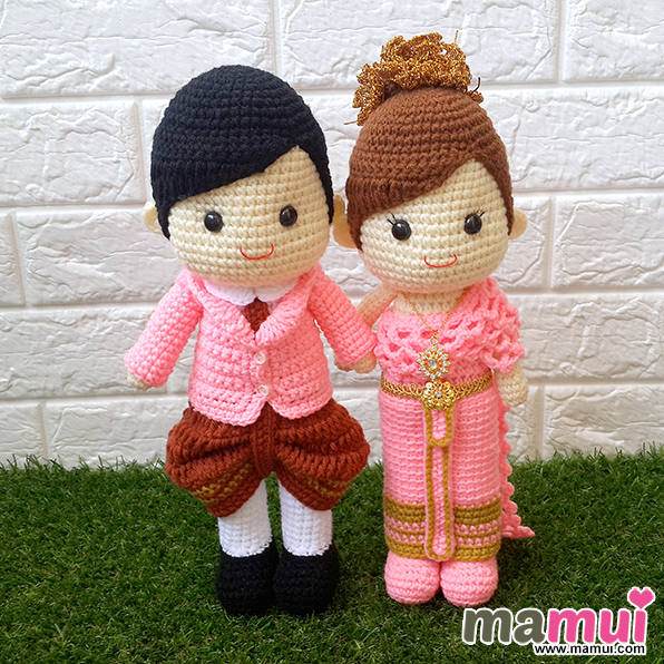 ตุ๊กตาแต่งงานชุดไทยชุดสีชมพูน้ำตาลสูง 13 นิ้ว