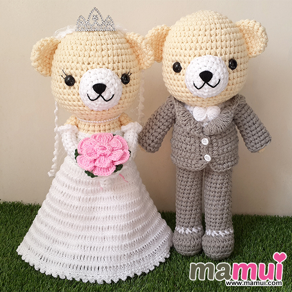 ตุ๊กตาหมีแต่งงานสีครีมดอกไม้ชมพูสูง 15 นิ้ว