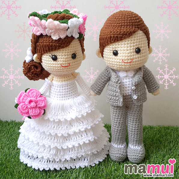 ตุ๊กตาแต่งงานมงกุฏดอกไม้หูกระต่ายขาวผมน้ำตาลสูง 13 นิ้ว
