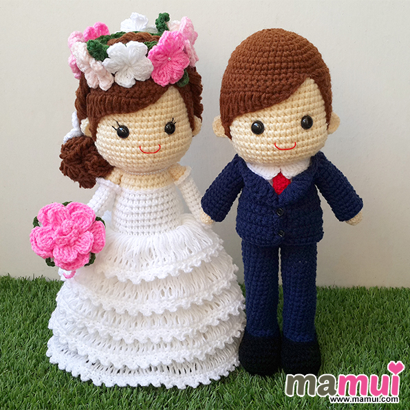 ตุ๊กตาแต่งงานสวมมงกุฎดอกไม้สูทน้ำเงินสูง 13 นิ้ว