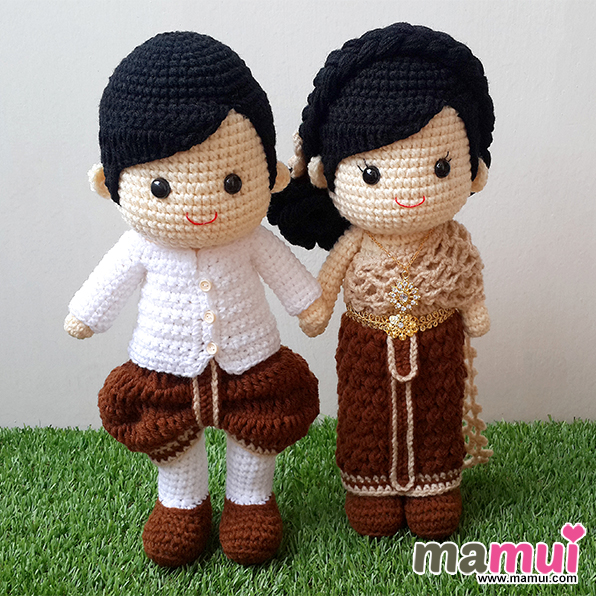 ตุ๊กตาแต่งงานชุดไทยสีขาวน้ำตาลสูง 13 นิ้ว