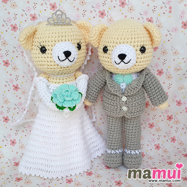 ตุ๊กตาหมีแต่งงานสีครีมมงกุฎสูง 15 นิ้ว