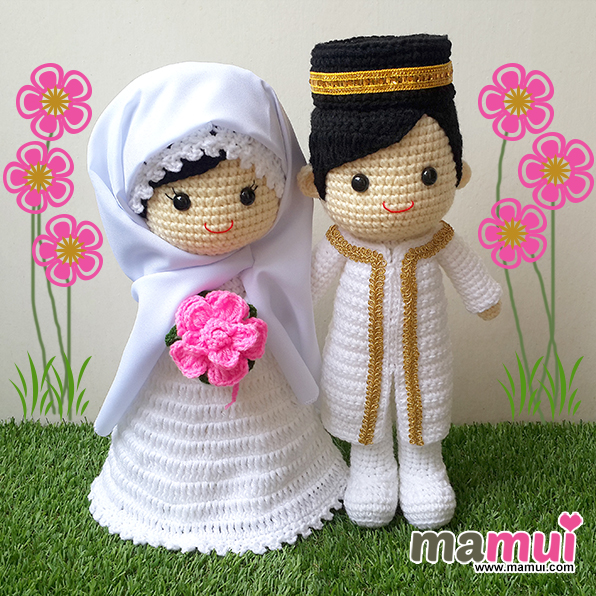 ตุ๊กตาแต่งงานอิสลามเจ้าสาวชุดสีขาวเจ้าบ่าวสวมหมวกสูง 13 นิ้ว