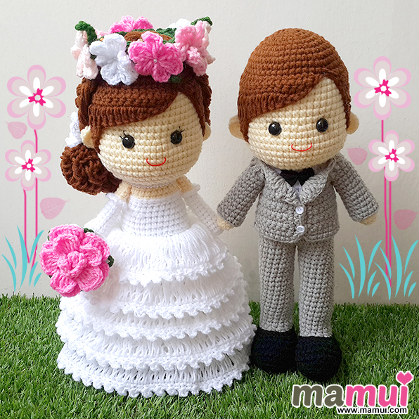 ตุ๊กตาแต่งงานสวมมงกุฎดอกไม้สูทเทาสูง 13 นิ้ว