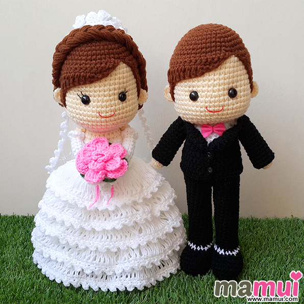 ตุ๊กตาแต่งงานเจ้าบ่าวสูทดำเจ้าสาวกระโปรงระบายสูง 13 นิ้ว