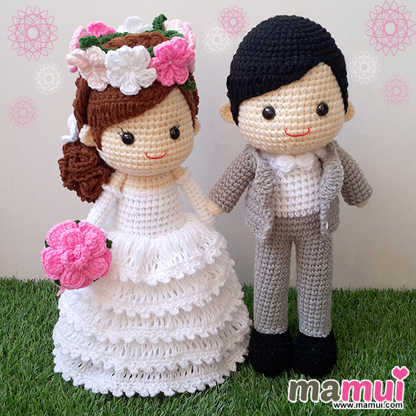 ตุ๊กตาแต่งงานสวมมงกุฏดอกไม้สูทสีเทาหูกระต่ายขาวสูง 13 นิ้ว