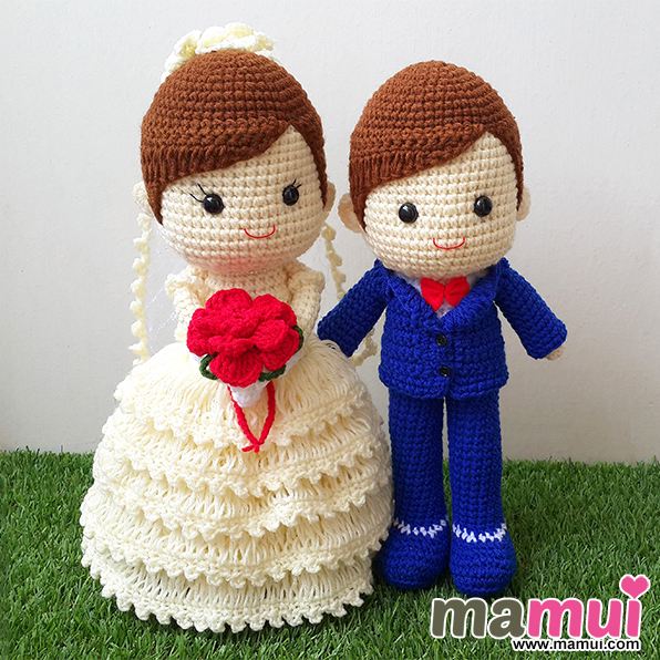 ตุ๊กตาแต่งงานชุดสีครีมสูทน้ำเงินสดสูง 13 นิ้ว