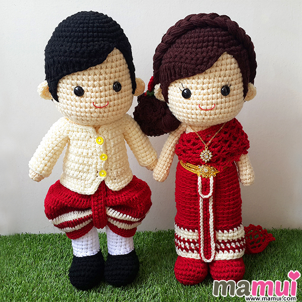 ตุ๊กตาแต่งงานชุดไทยชุดสีครีมแดงสูง 18 นิ้ว