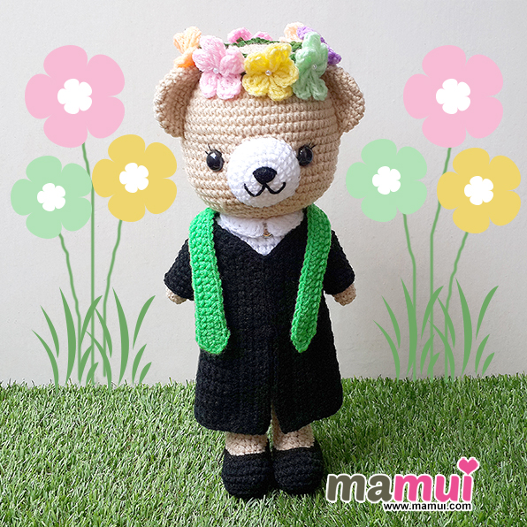 ตุ๊กตาหมีรับปริญญาต่างประเทศสวมมงกุฎดอกไม้สูง 13 นิ้ว