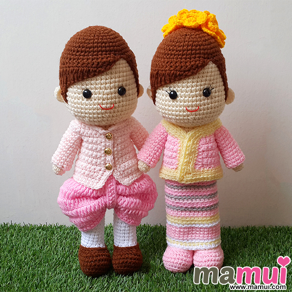 ตุ๊กตาแต่งงานชุดไทยล้านนาผมติดดอกไม้เหลืองสูง 13 นิ้ว