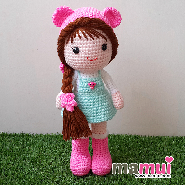 ตุ๊กตาเด็กผู้หญิงสวมหมวกหมีสีชมพูสูง 13 นิ้ว