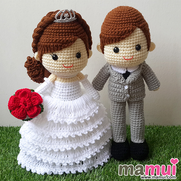 ตุ๊กตาแต่งงานสวมมงกุฎสูทเทาเนคไทสูง 13 นิ้ว