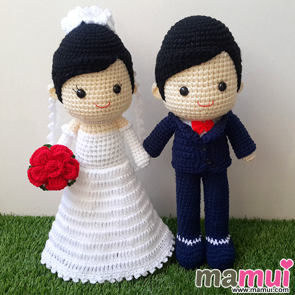 ตุ๊กตาแต่งงานเจ้าสาวกระโปรงตรงยาวผมสีดำสูง 13 นิ้ว