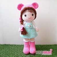 ตุ๊กตาเด็กผู้หญิงสวมหมวกหมีสีชมพูสูง 18 นิ้ว